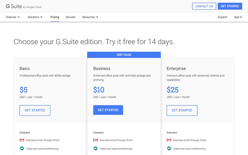 Mức giá các gói dịch vụ G Suite